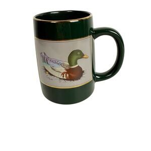 Vintage Mallard Duck Otagiri Dark Green Coffee Mug with Gold Rim Japan